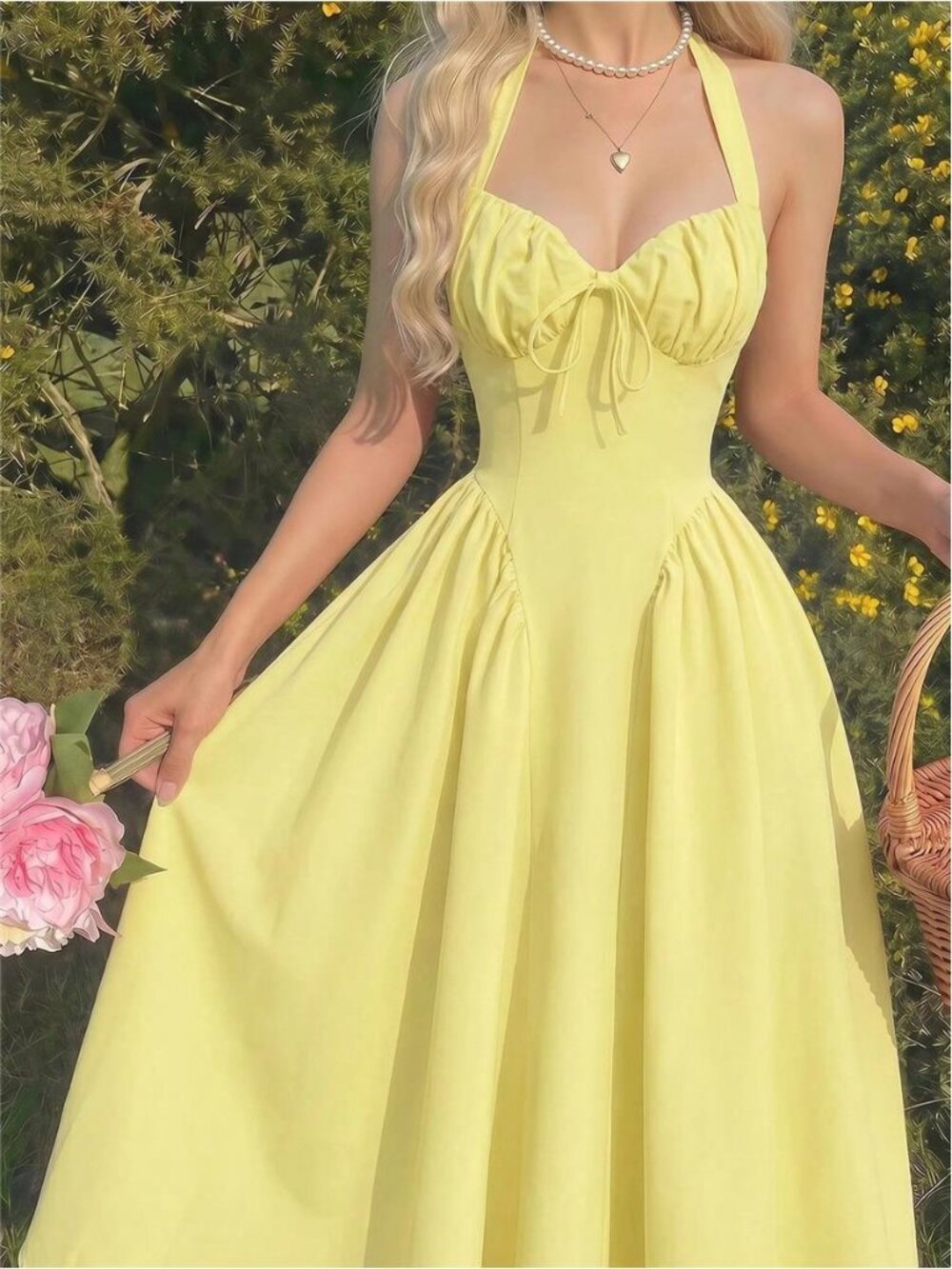 Halter Neck Ruched Bow Swing Dress,Pale Yellow,Summer,90s, Milkmaids